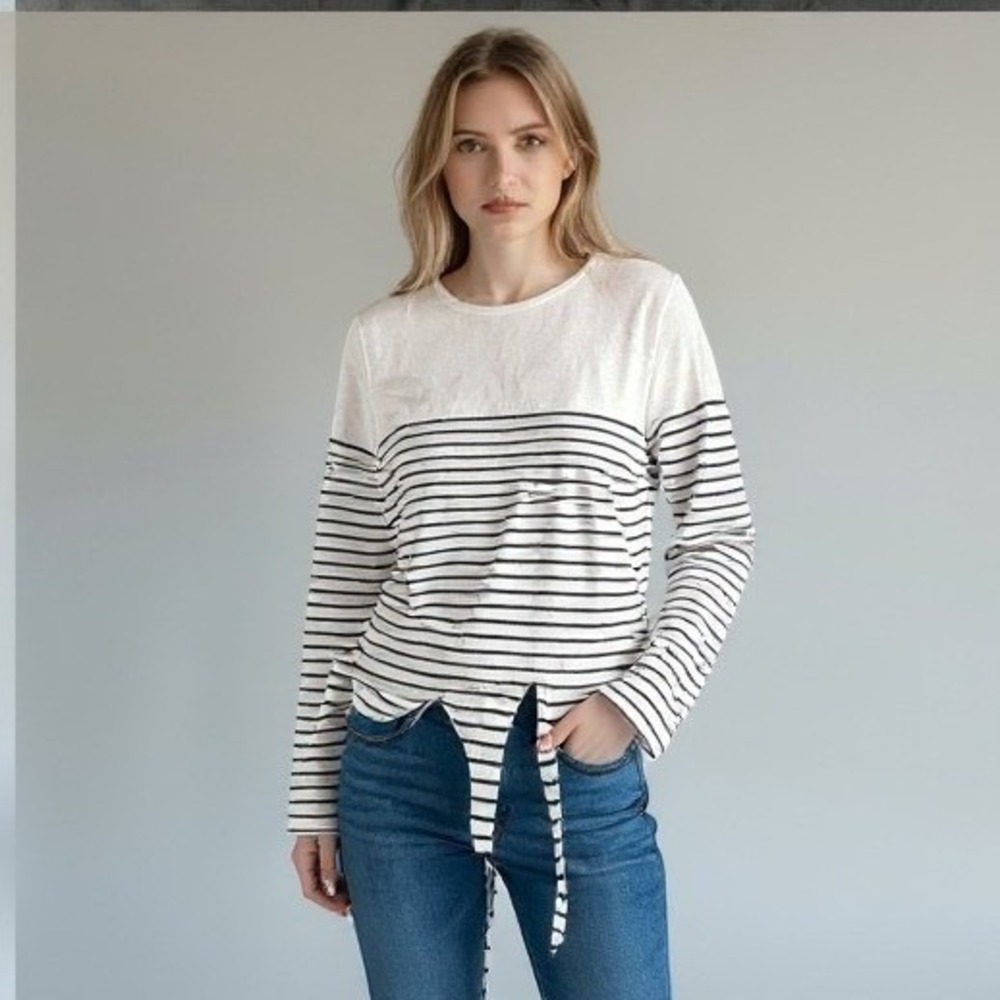 Chicos Womens 1 Medium Striped Tie Front Cotton Top Black White 3/4 Sleeve 11215